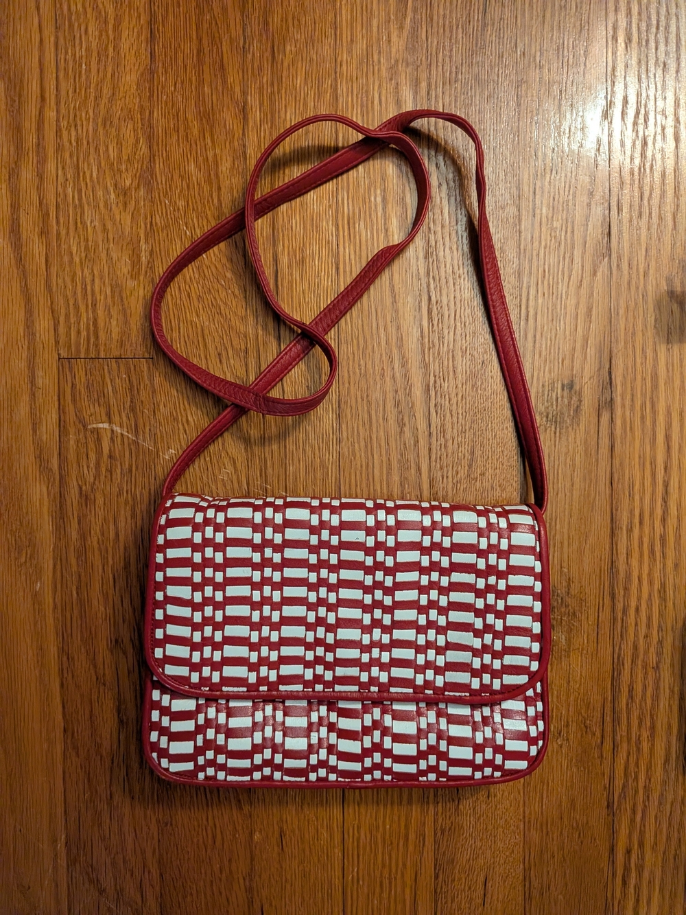 Red and White Leather Woven-Pattern Crossbody Bag